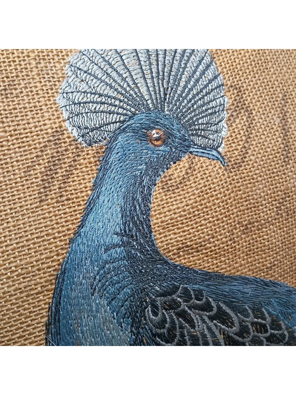 Burlap Embroidered Blue Pheasant Peacock Pillow Script 15 x 15 READ